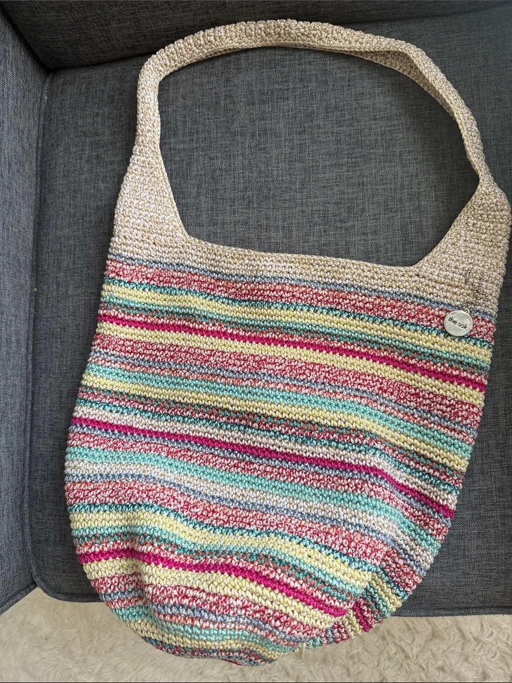 The Sak Multicolor Stripe Crochet Shoulder Bag with Cream Trim